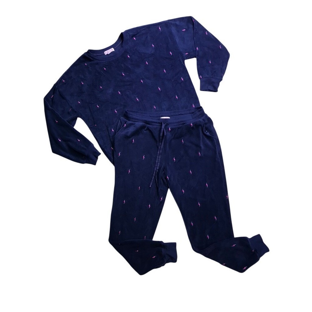 PJ Salvage Pajama Set Women Large Blue Lightning Bolt Fleece Loungewear